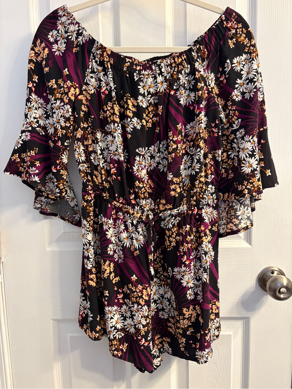 Express Floral Off-Shoulder Romper - Black, Purple & White